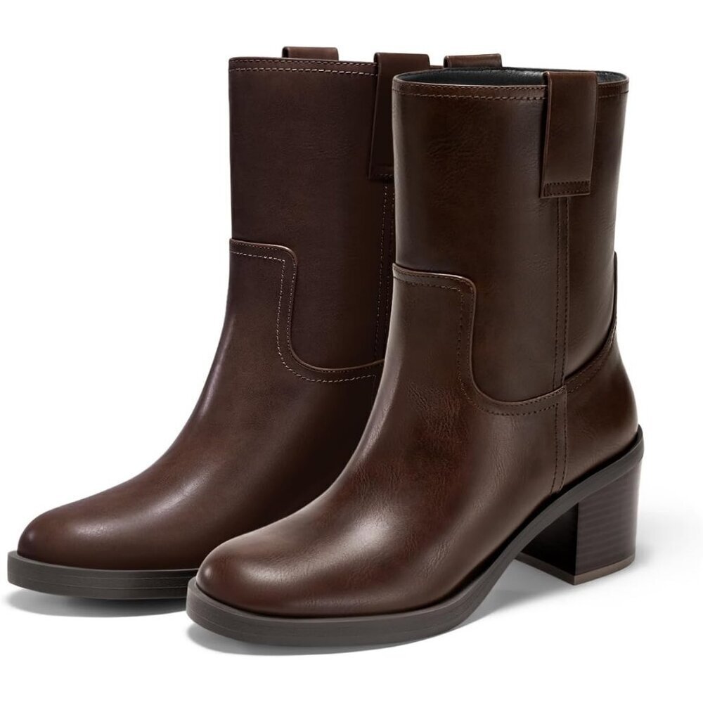 Women's Dark Brown Platform Mid Calf Boots - Chunky Block Heel Round Toe Stylish